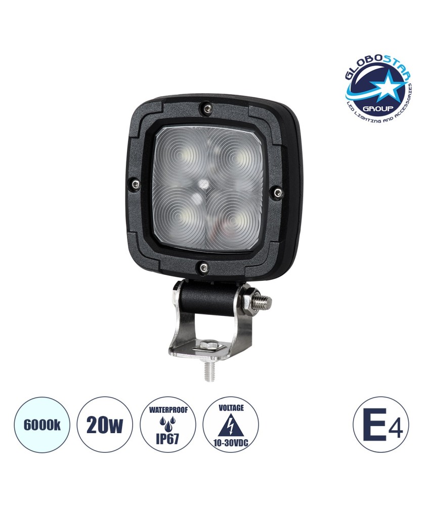 GloboStar® 85427 E4 Mark Vehicle & Forklift Work Lights - Φώτα Εργασίας για Οχήματα Περονοφόρα - Κλάρκ LED 20W DC 10-30V Αδιάβροχο IP67 Ψυχρό Λευκό 6000K Μ14 x Π9.5 x Υ3cm